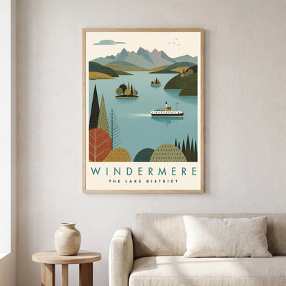 Windermere travel poster in a natural frame, hanging in a living