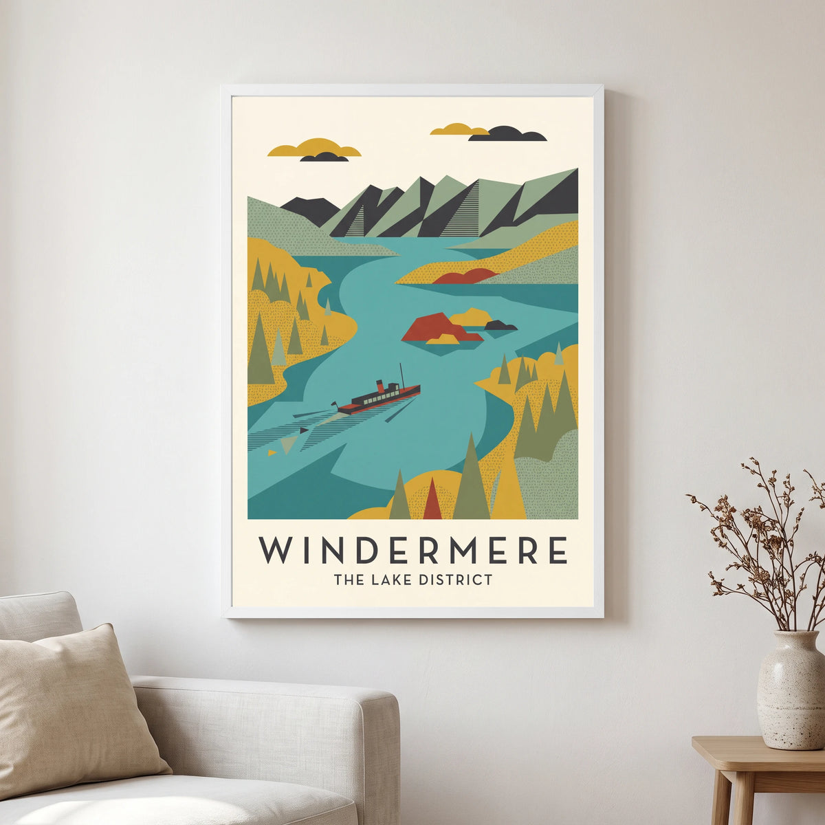 Windermere travel poster in a white frame, hanging in a living2