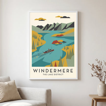 Windermere travel poster in a white frame, hanging in a living2