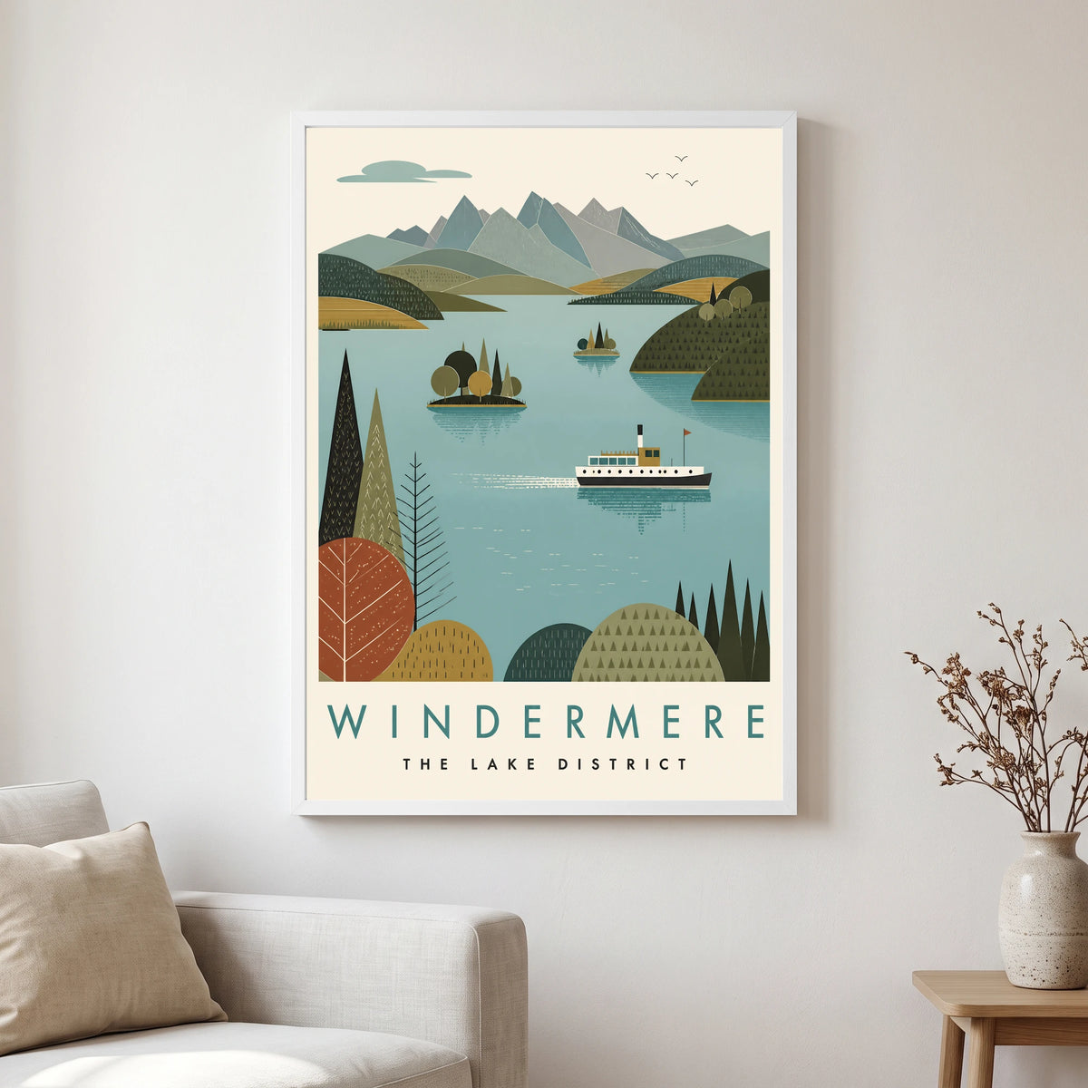 Windermere travel poster in a white frame, hanging in a living2