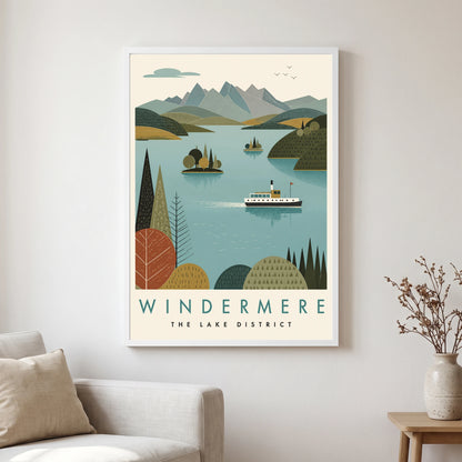 Windermere travel poster in a white frame, hanging in a living2