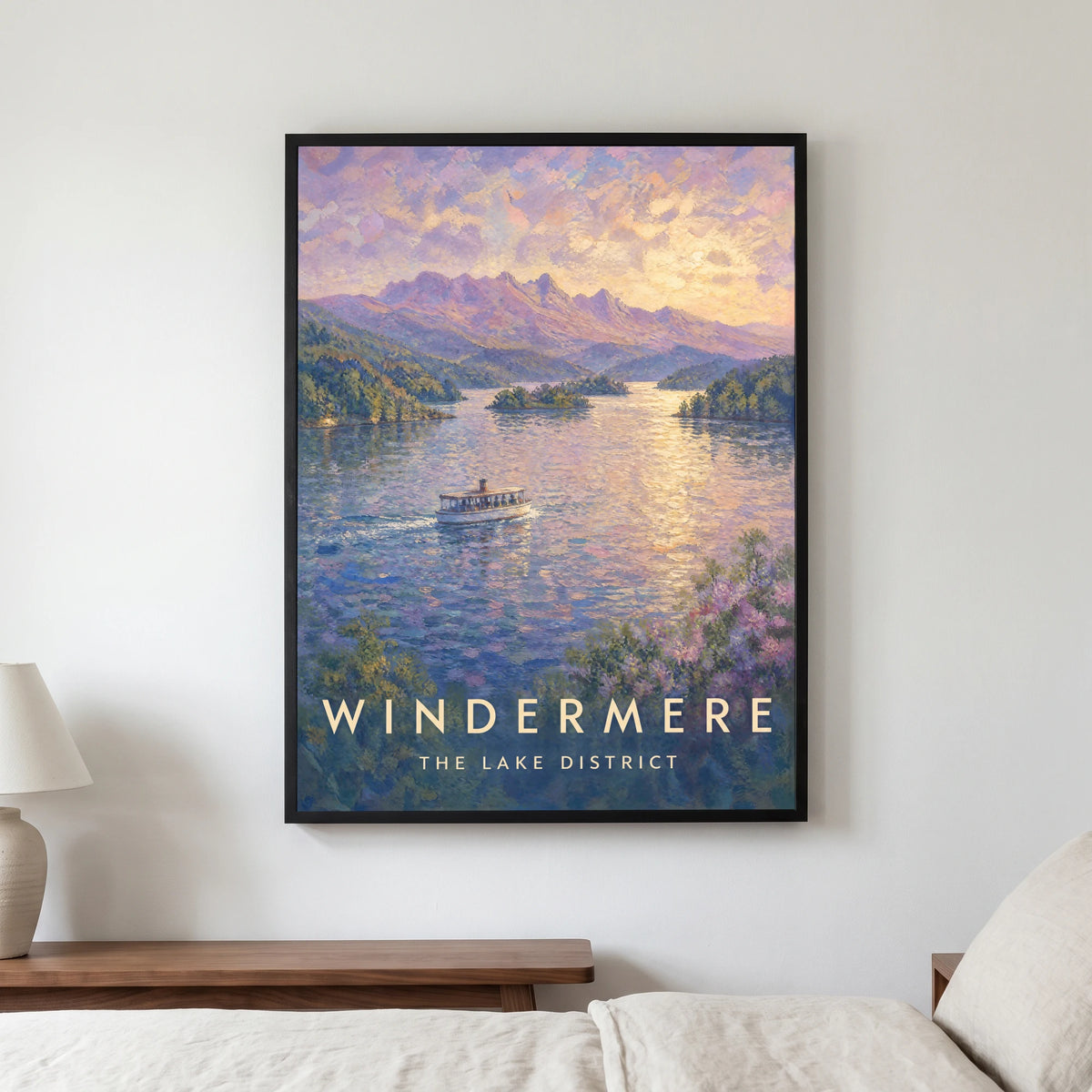 Windermere travel poster in a black frame, hanging in a bedroom3