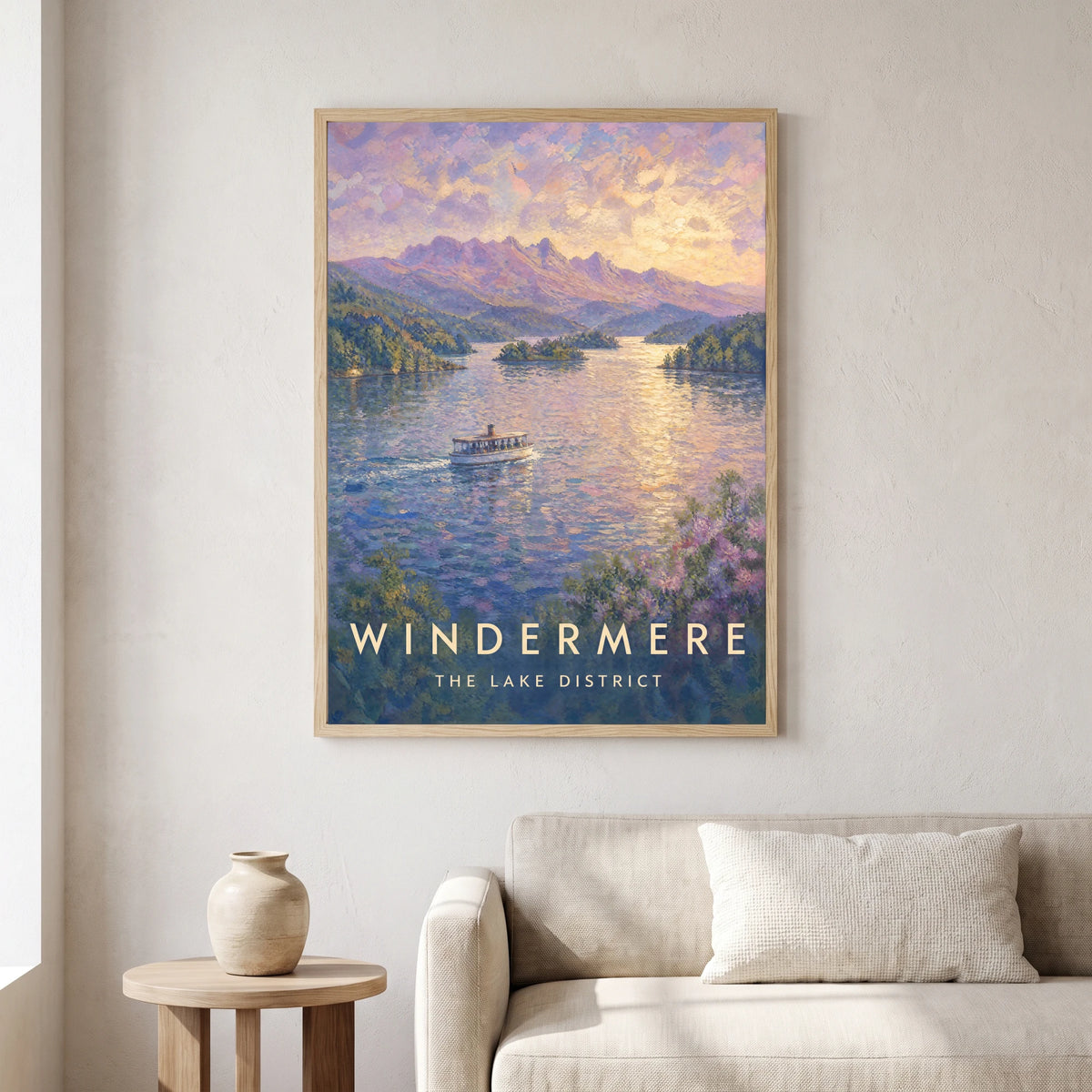 Windermere travel poster in a natural frame, hanging in a living