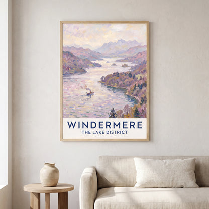 Windermere travel poster in a natural frame, hanging in a living