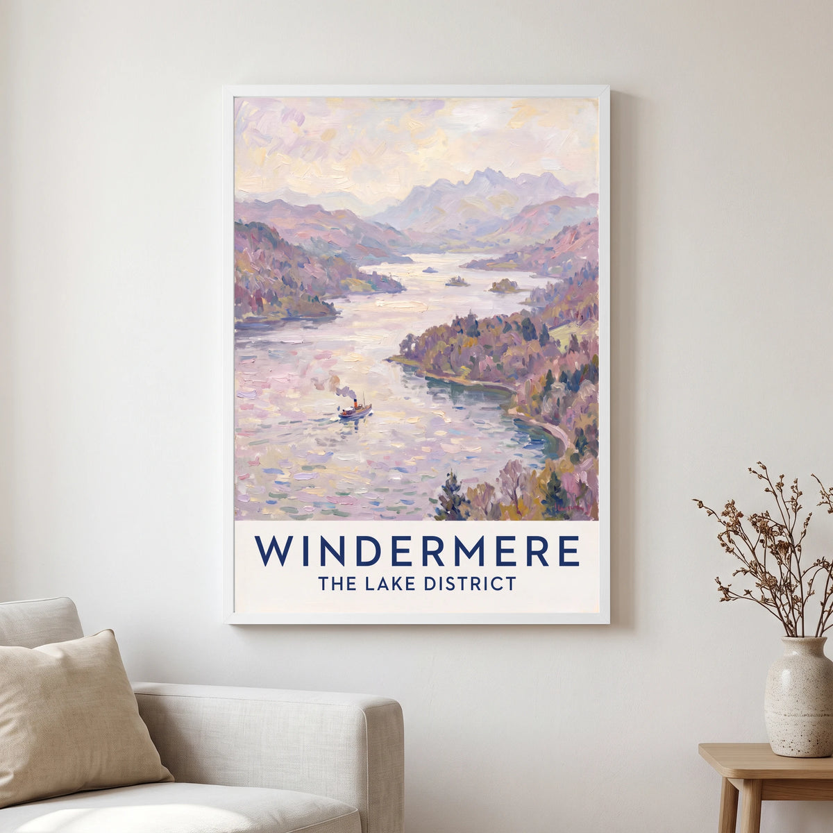Windermere travel poster in a white frame, hanging in a living2