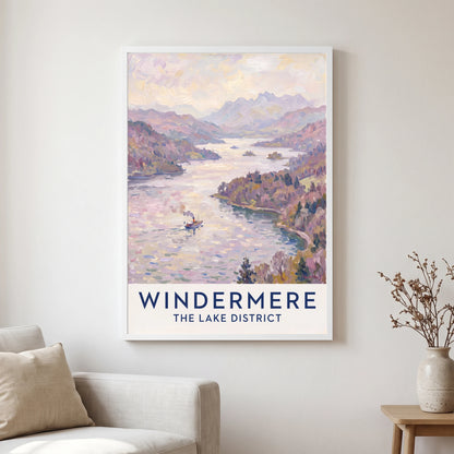 Windermere travel poster in a white frame, hanging in a living2