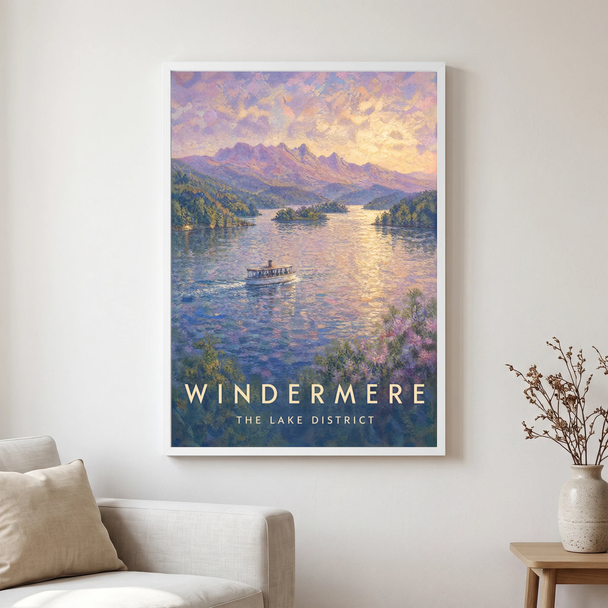 Windermere travel poster in a white frame, hanging in a living2