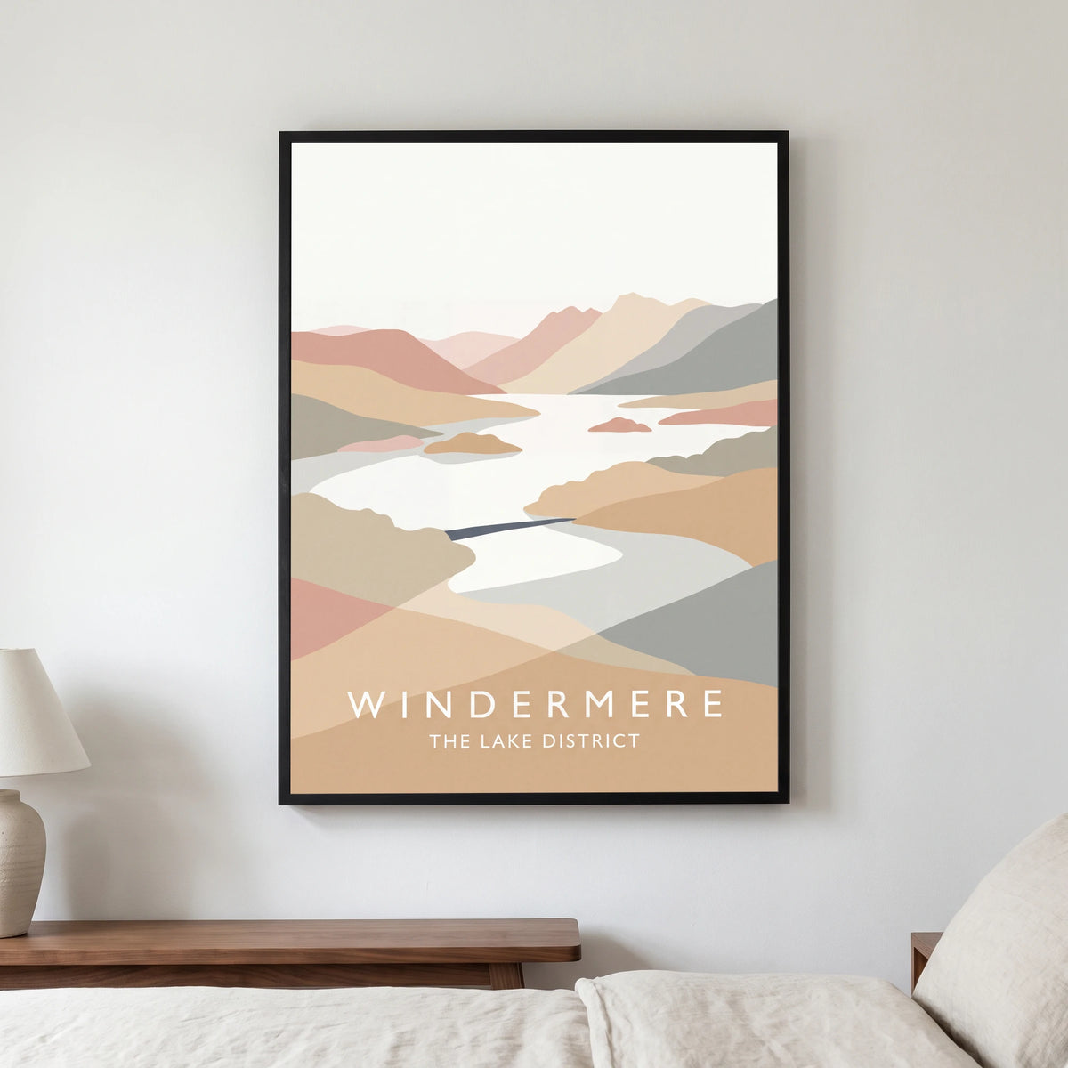 Windermere travel poster in a black frame, hanging in a bedroom3