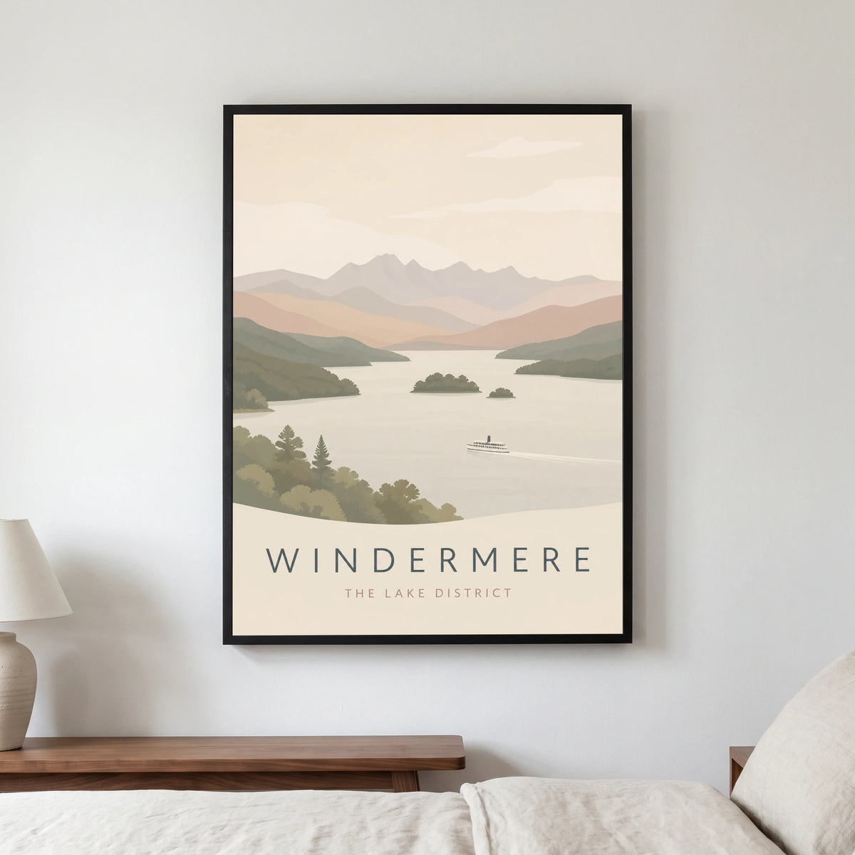 Windermere travel poster in a black frame, hanging in a bedroom3