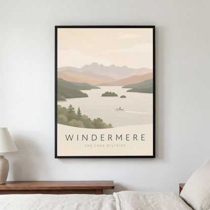 Windermere travel poster in a black frame, hanging in a bedroom3