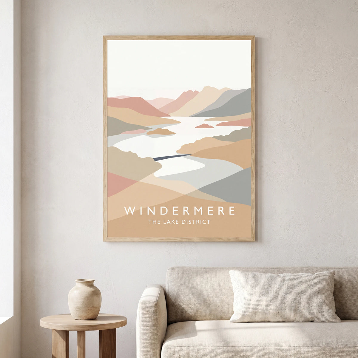 Windermere travel poster in a natural frame, hanging in a living