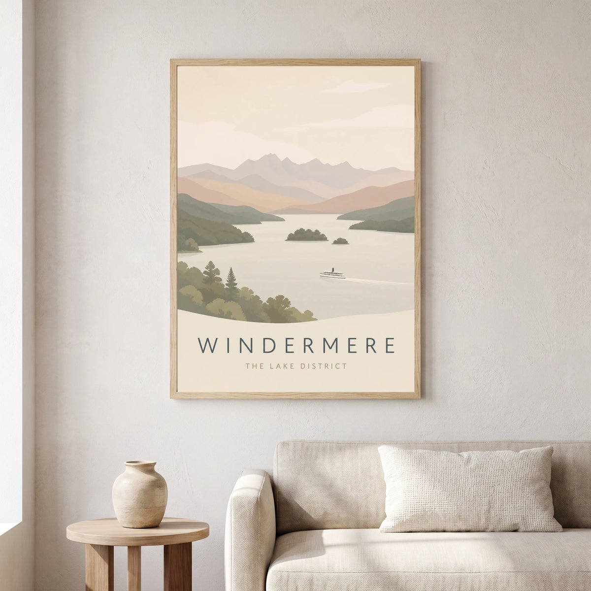 Windermere travel poster in a natural frame, hanging in a living