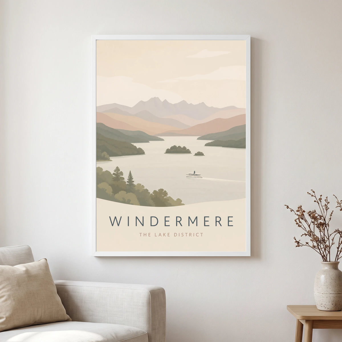 Windermere travel poster in a white frame, hanging in a living2