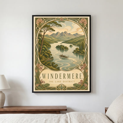 Windermere travel poster in a black frame, hanging in a bedroom3