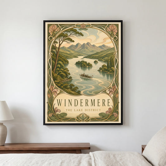Windermere travel poster in a black frame, hanging in a bedroom3