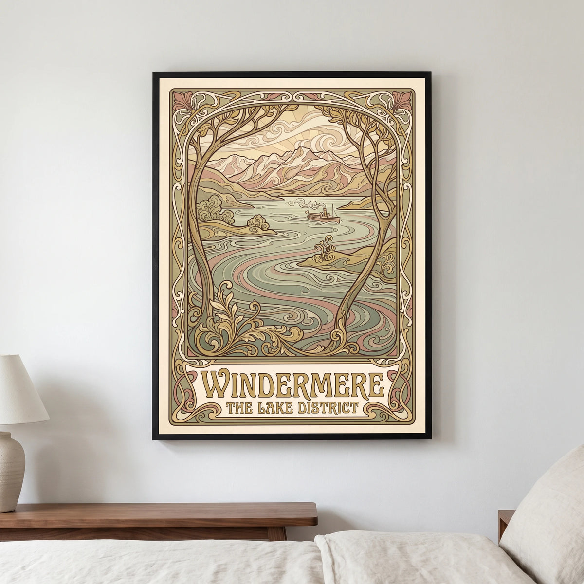 Windermere travel poster in a black frame, hanging in a bedroom3
