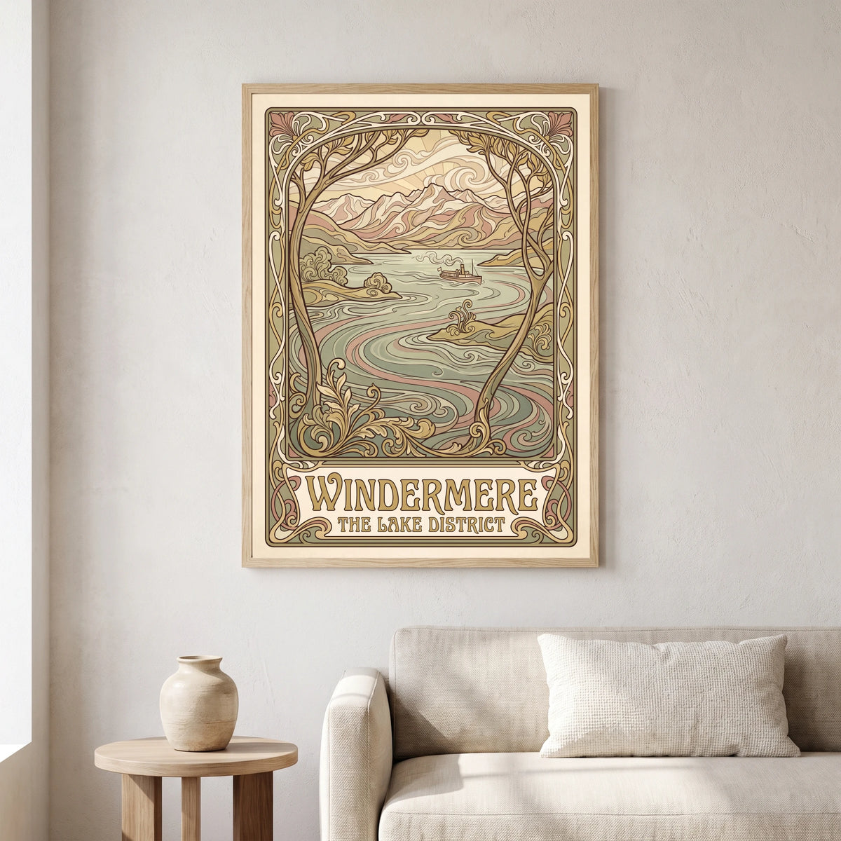 Windermere travel poster in a natural frame, hanging in a living