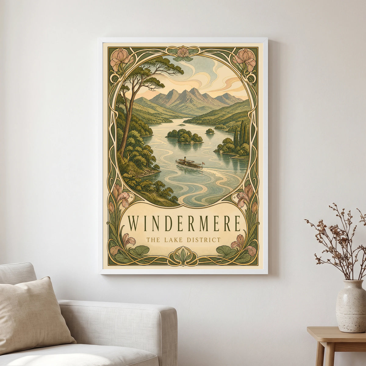 Windermere travel poster in a white frame, hanging in a living2