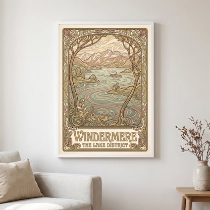 Windermere travel poster in a white frame, hanging in a living2
