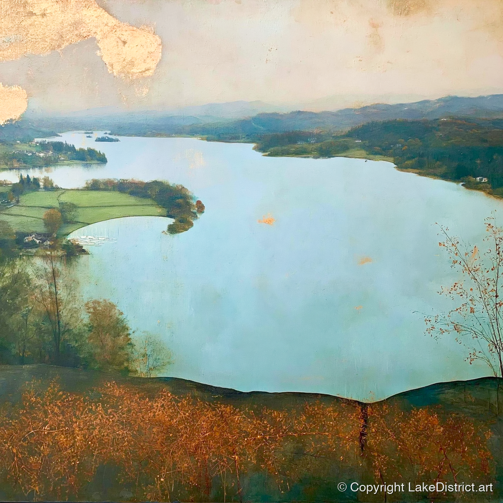 Windermere Over Autumn Bracken - lake district lake art print and canvas by Silas Thorne A.I