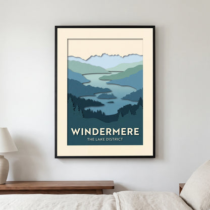 Windermere travel poster in a black frame, hanging in a bedroom3