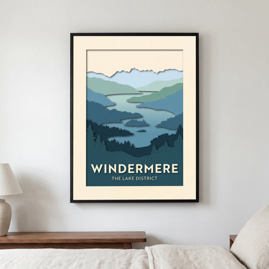 Windermere travel poster in a black frame, hanging in a bedroom3