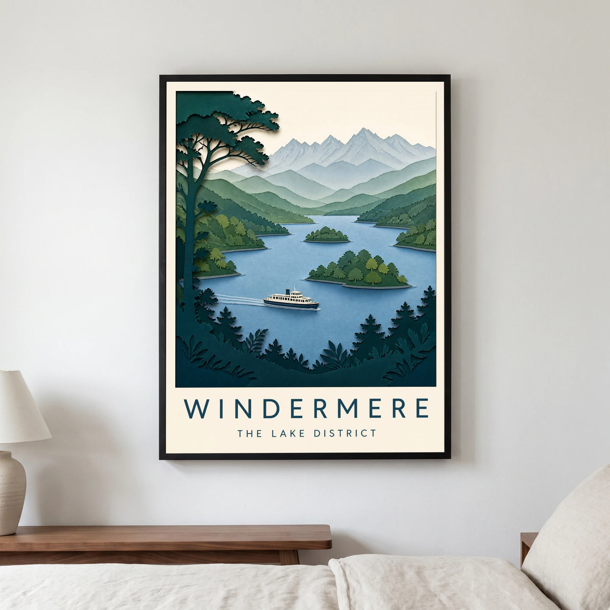 Windermere travel poster in a black frame, hanging in a bedroom3