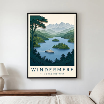 Windermere travel poster in a black frame, hanging in a bedroom3