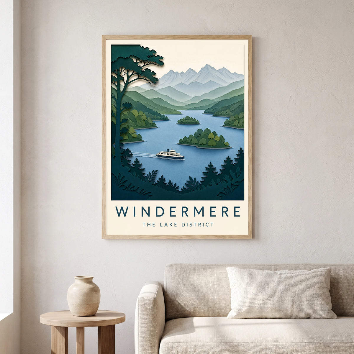 Windermere travel poster in a natural frame, hanging in a living