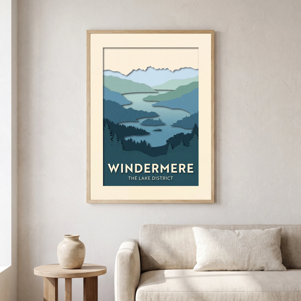 Windermere travel poster in a natural frame, hanging in a living