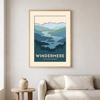 Windermere travel poster in a natural frame, hanging in a living
