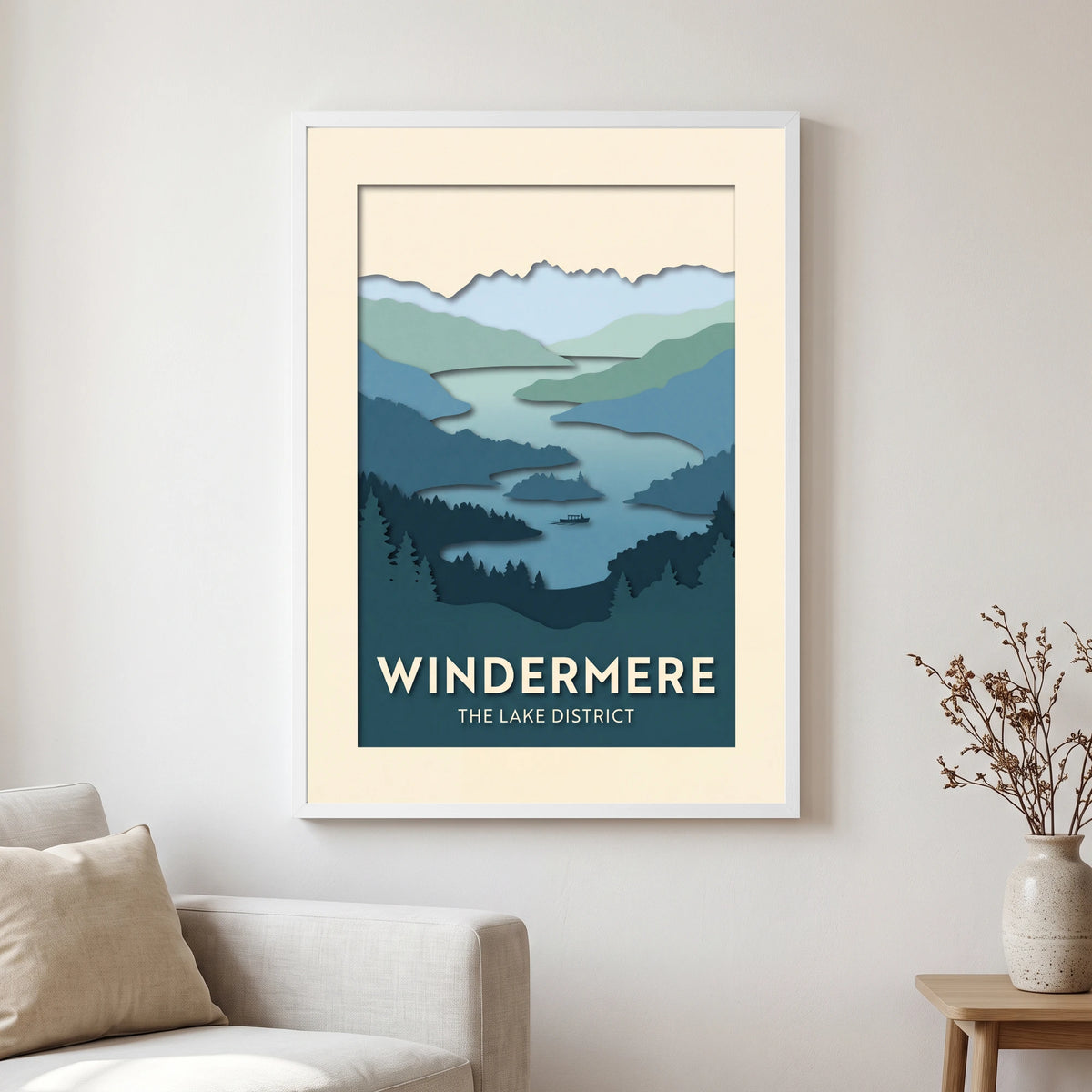 Windermere travel poster in a white frame, hanging in a living2
