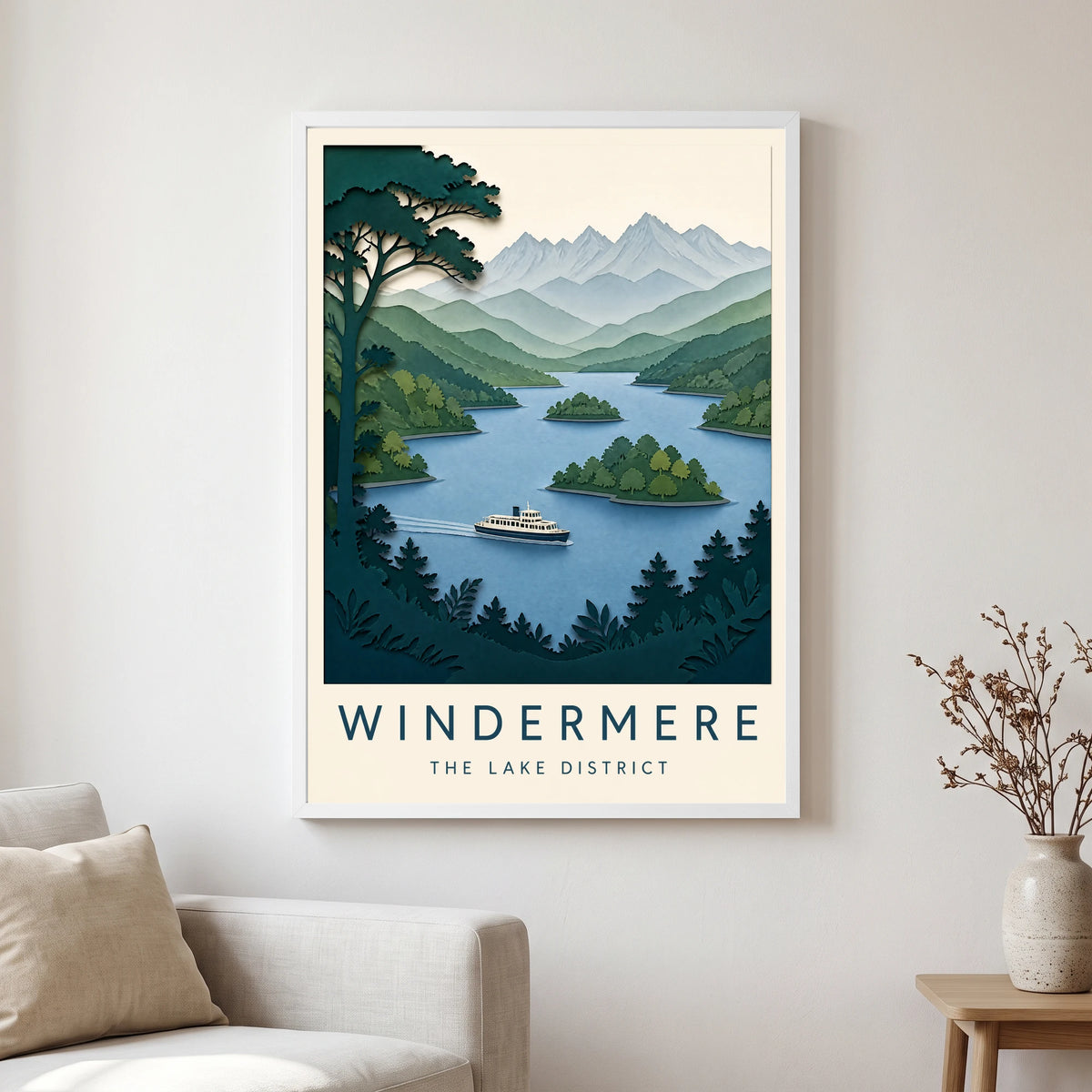 Windermere travel poster in a white frame, hanging in a living2