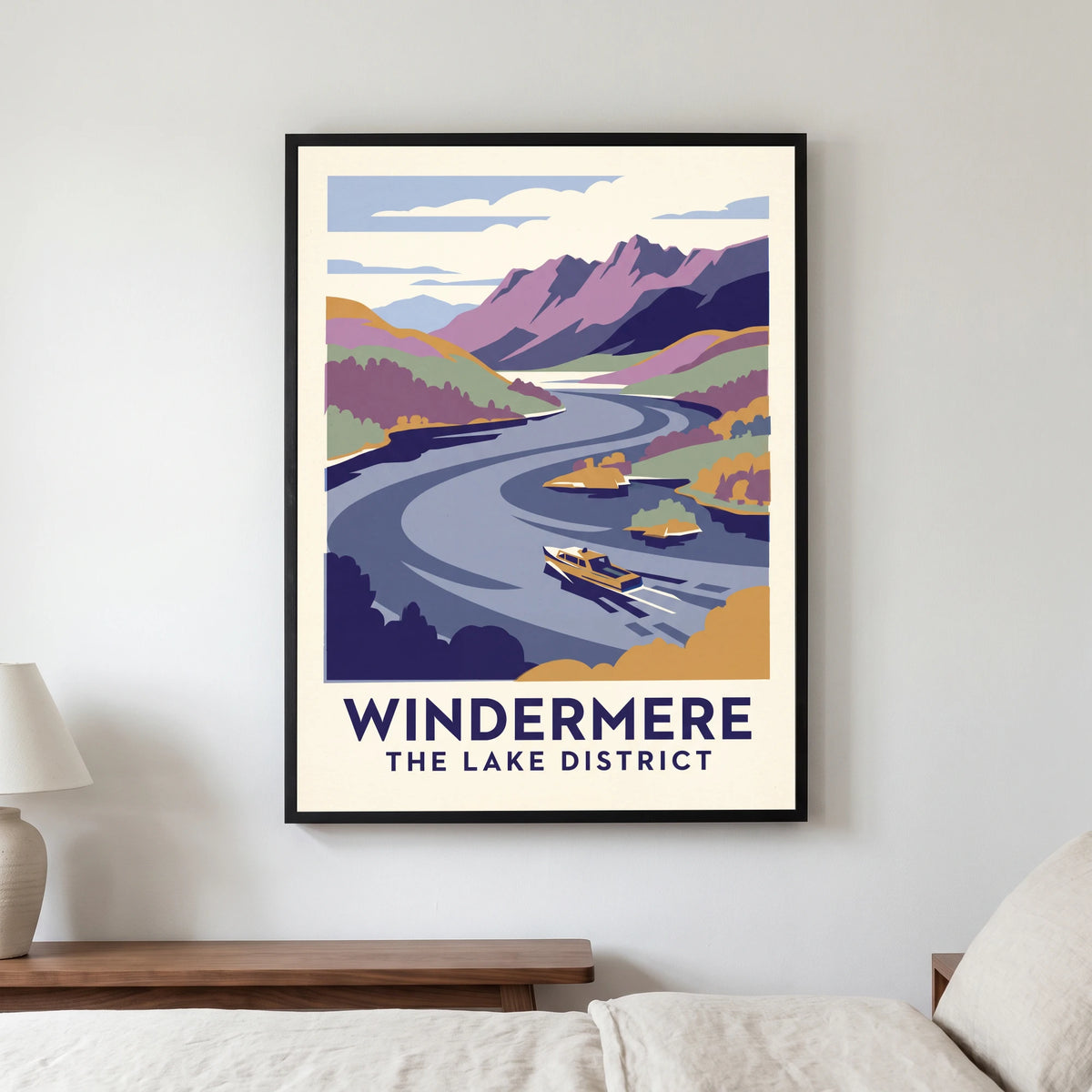 Windermere travel poster in a black frame, hanging in a bedroom3