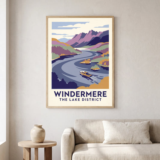 Windermere travel poster in a natural frame, hanging in a living