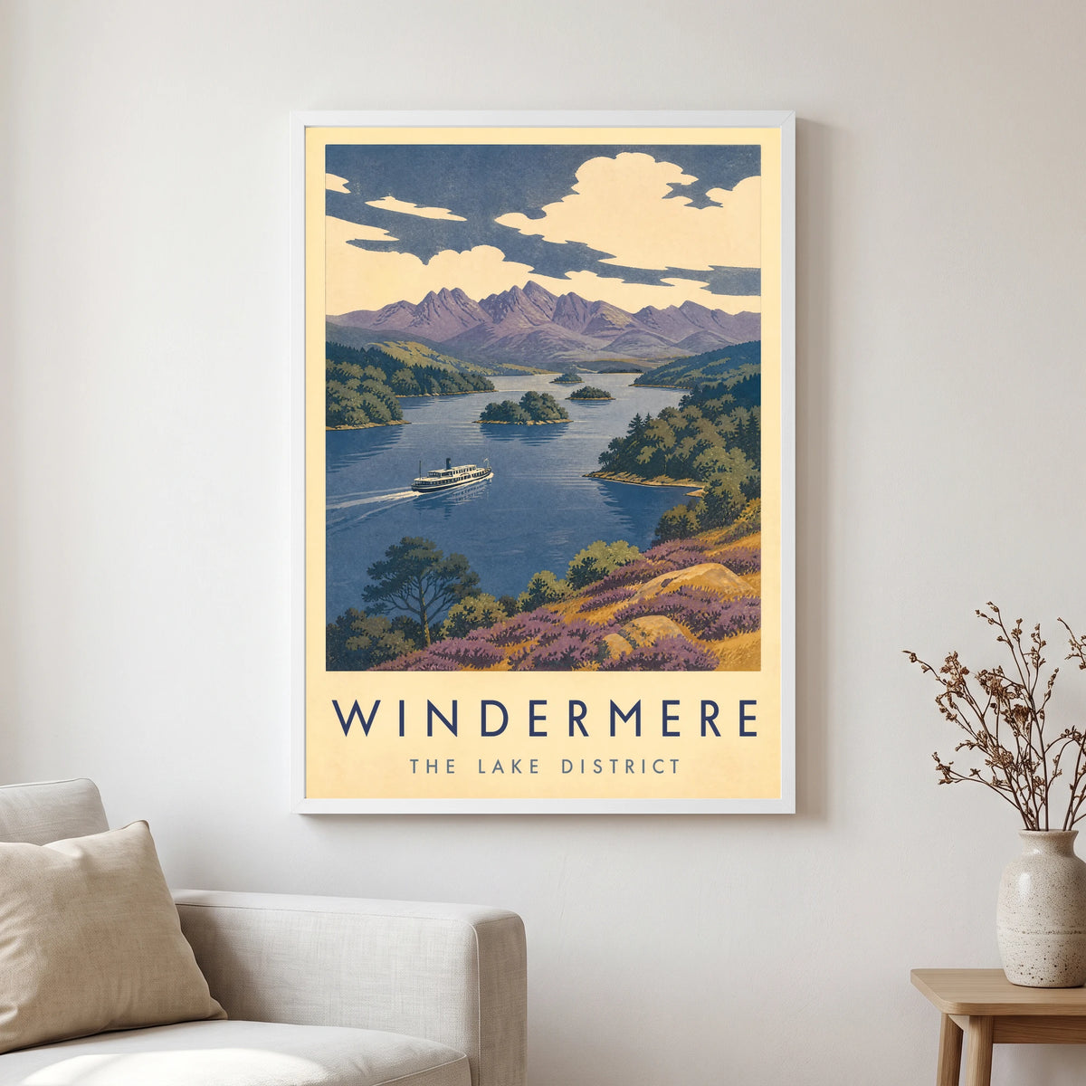 Windermere travel poster in a white frame, hanging in a living2