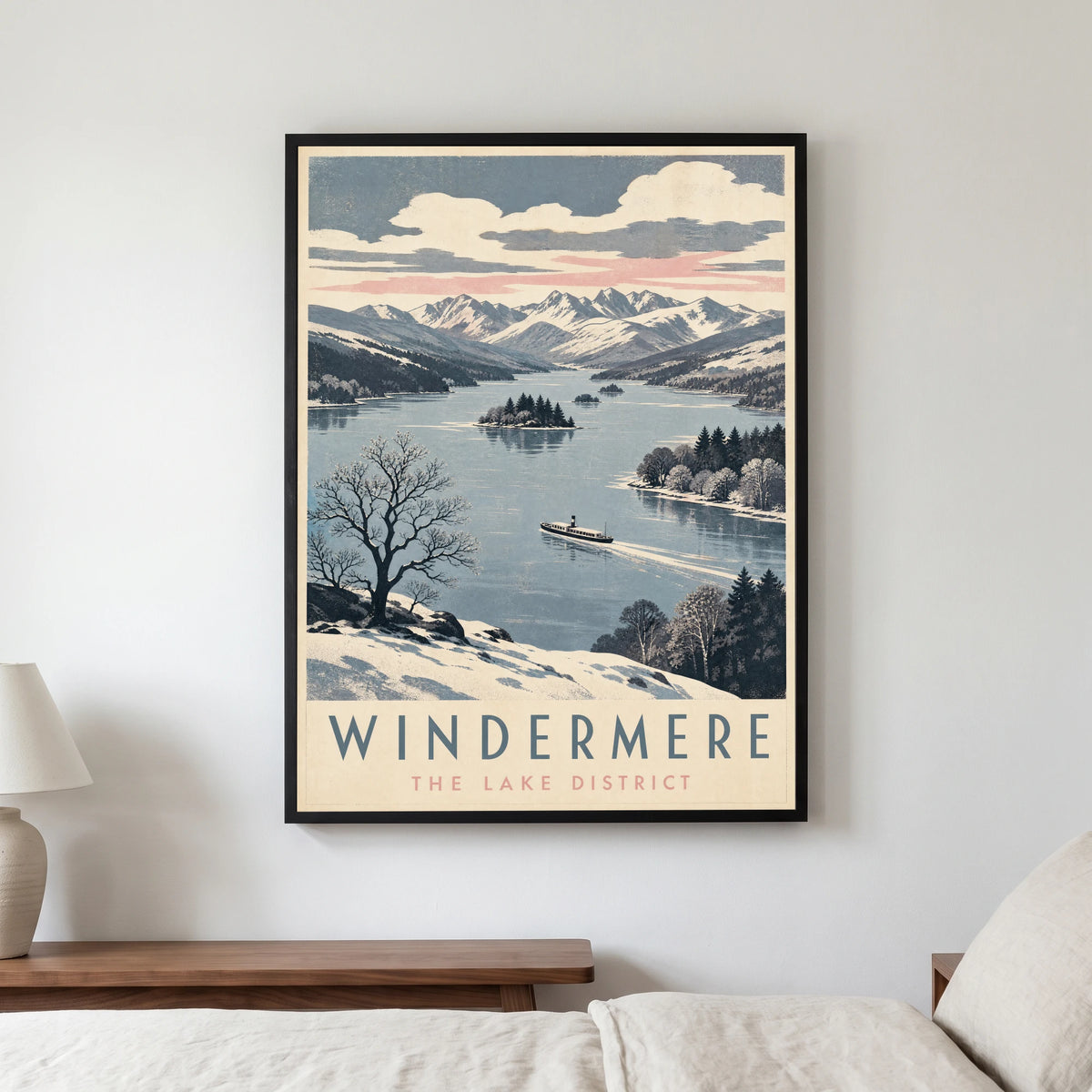 Windermere travel poster in a black frame, hanging in a bedroom3