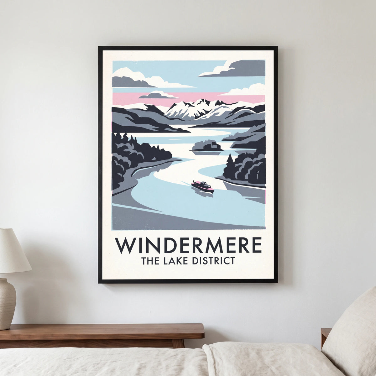 Windermere travel poster in a black frame, hanging in a bedroom3