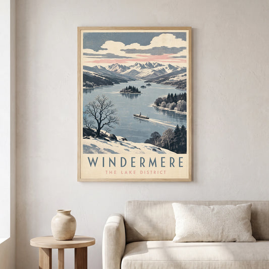 Windermere travel poster in a natural frame, hanging in a living