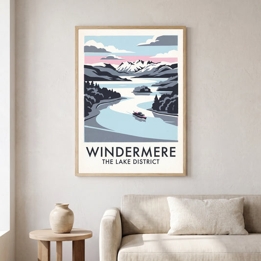 Windermere travel poster in a natural frame, hanging in a living