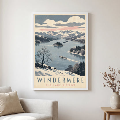 Windermere travel poster in a white frame, hanging in a living2