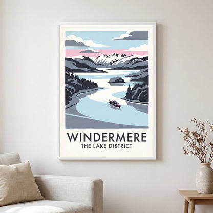 Windermere travel poster in a white frame, hanging in a living2