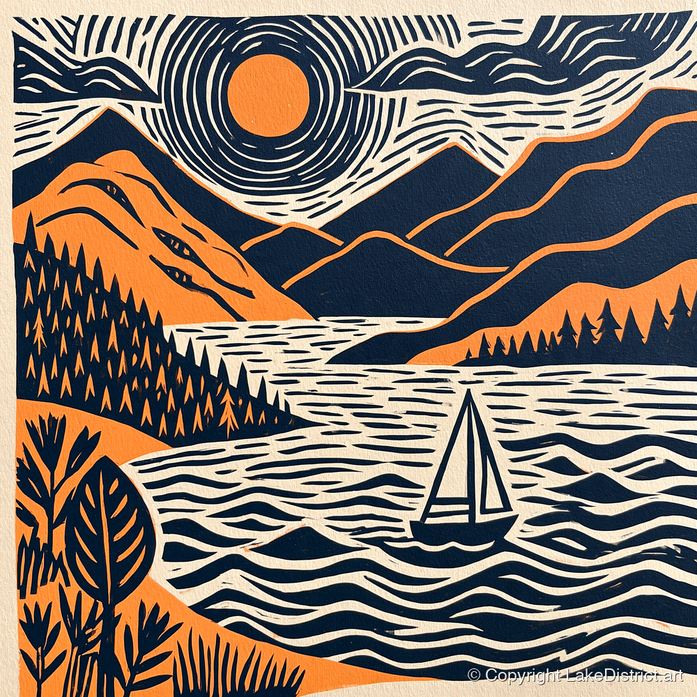 Windermere Sailboat Beneath Radiating Sun - lake district lake art print and canvas by Leon Baxter A.I