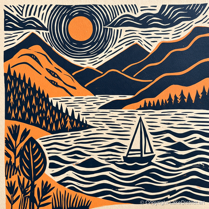 Windermere Sailboat Beneath Radiating Sun - lake district lake art print and canvas by Leon Baxter A.I