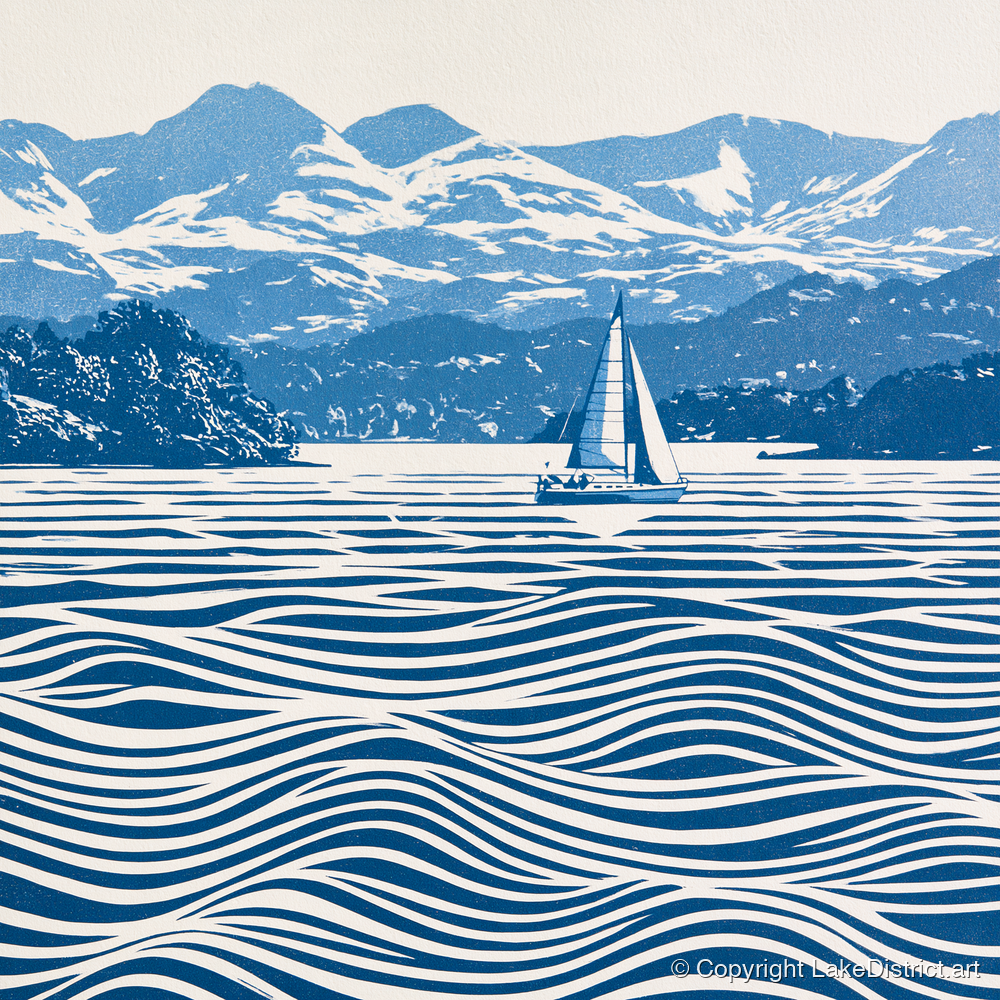 Windermere Sailboat in Cobalt Blue - lake district lake art print and canvas by Hugh Lancaster A.I