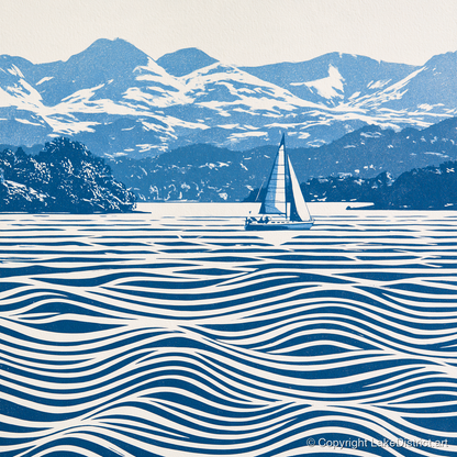Windermere Sailboat in Cobalt Blue - lake district lake art print and canvas by Hugh Lancaster A.I