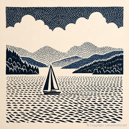 Windermere Sailboat in Deep Navy - lake district lake art print and canvas by Reuben Shaw A.I