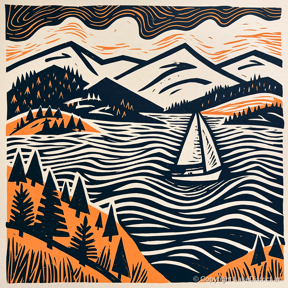 Windermere Sailboat in Terracotta and Navy - lake district lake art print and canvas by Leon Baxter A.I