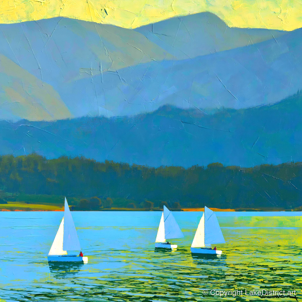 Windermere Sailboats Against Blue Fells - lake district lake art print and canvas by Daphne Morley A.I