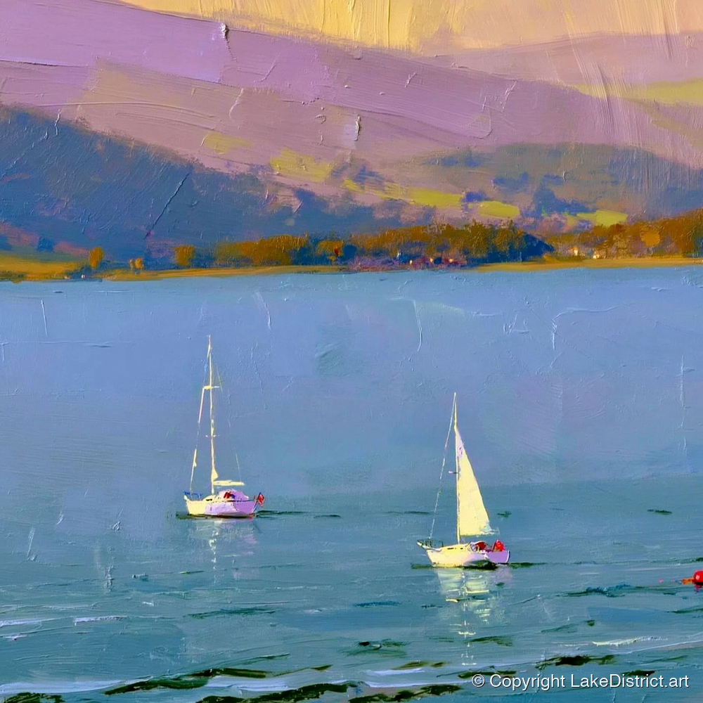 Windermere Sailboats against Lavender Fells - lake district lake art print and canvas by Oscar Bellamy A.I